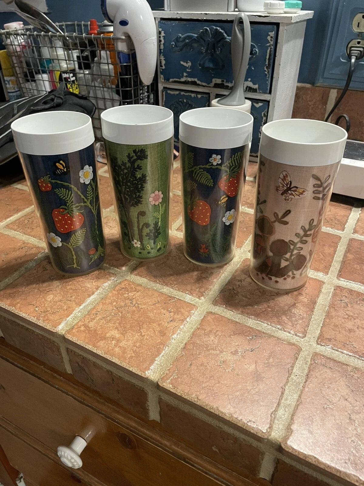4 60s VTG West Bend TUMBLERS Thermo Serv Flower Strawberries Cups 12oz Insulated | eBay