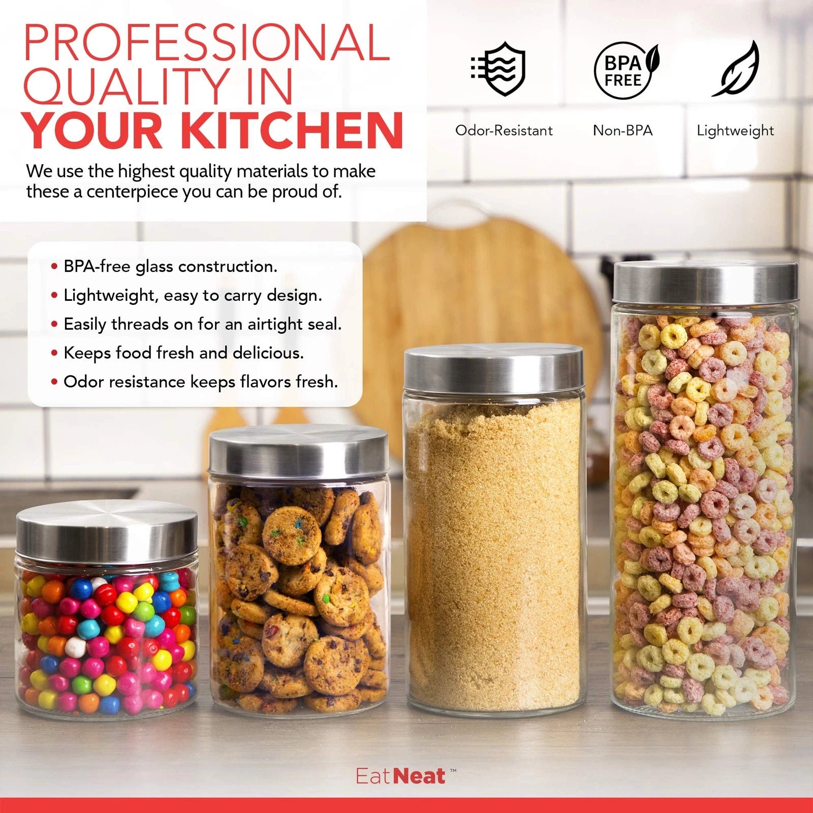 EatNeat Set of 4 Glass Canisters with Stainless Steel Lids - Sleek Airtight G... | eBay