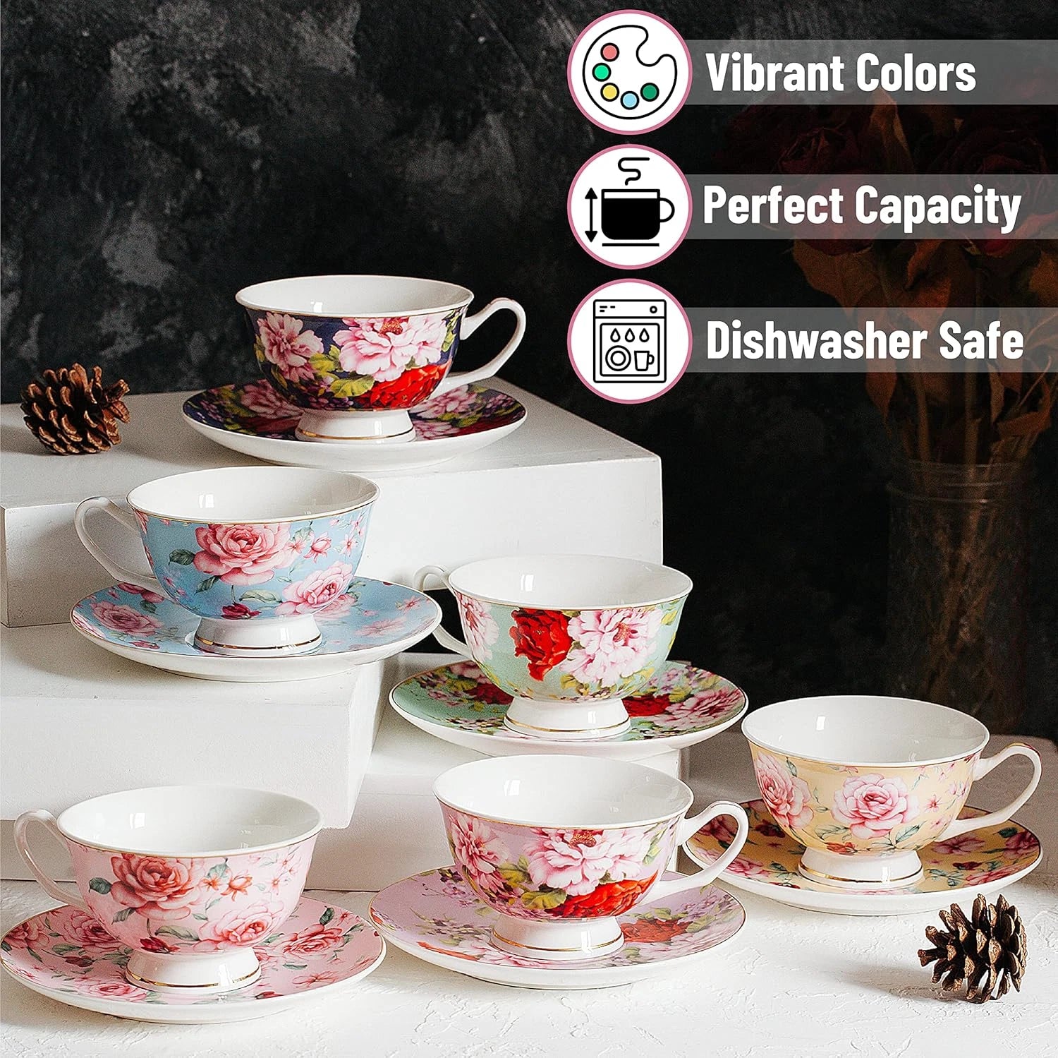Btat- Tea Cups, Tea Cups and Saucers Set of 6, Tea Set, Floral Tea Cups (8Oz), T | eBay