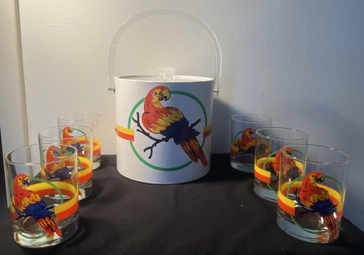 Vintage Macaw Parrot Tropical Ice Bucket w Lid and 6 Glasses•Retro Barware | eBay
