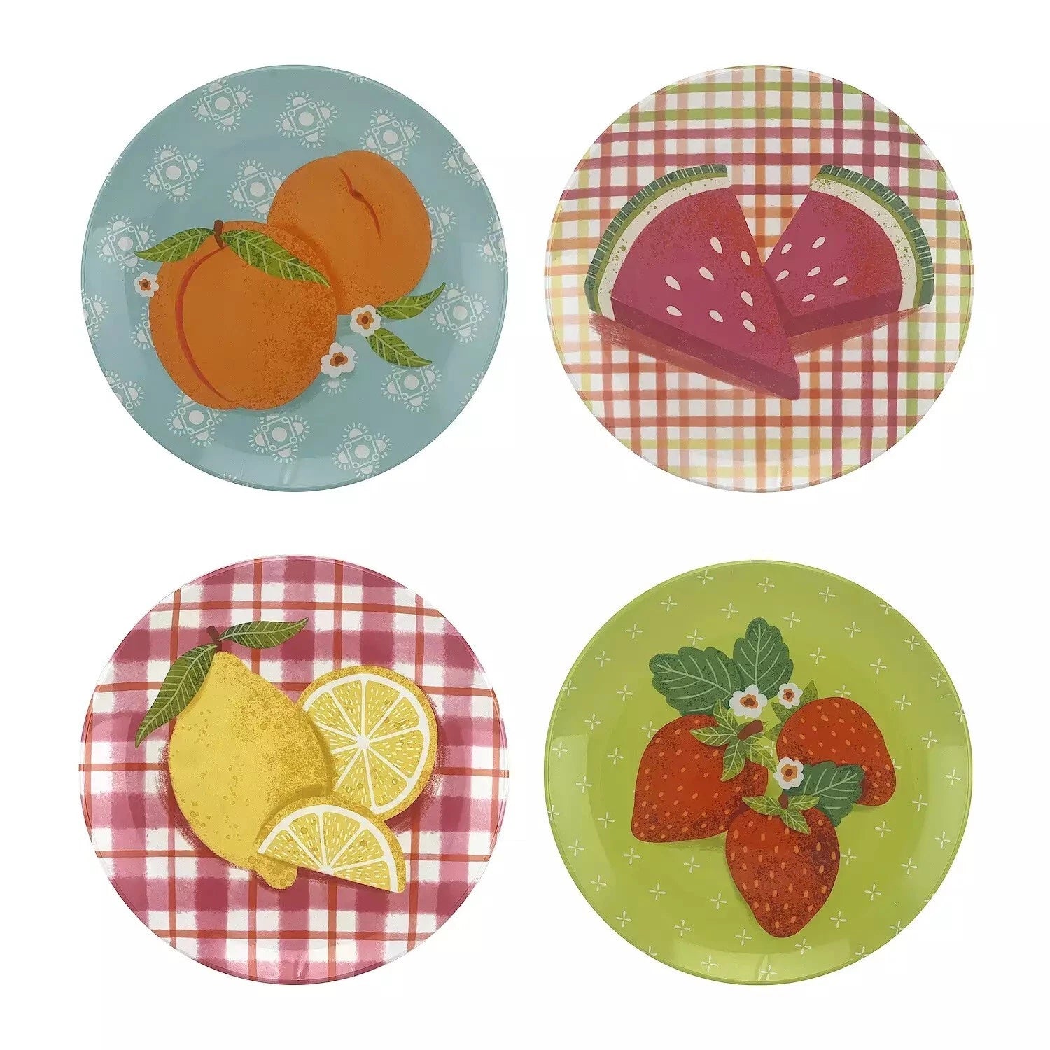 Set of 4 Melamine Celebrate Summer Fruit Plates & Acrylic Glasses Set Dishes NEW | eBay
