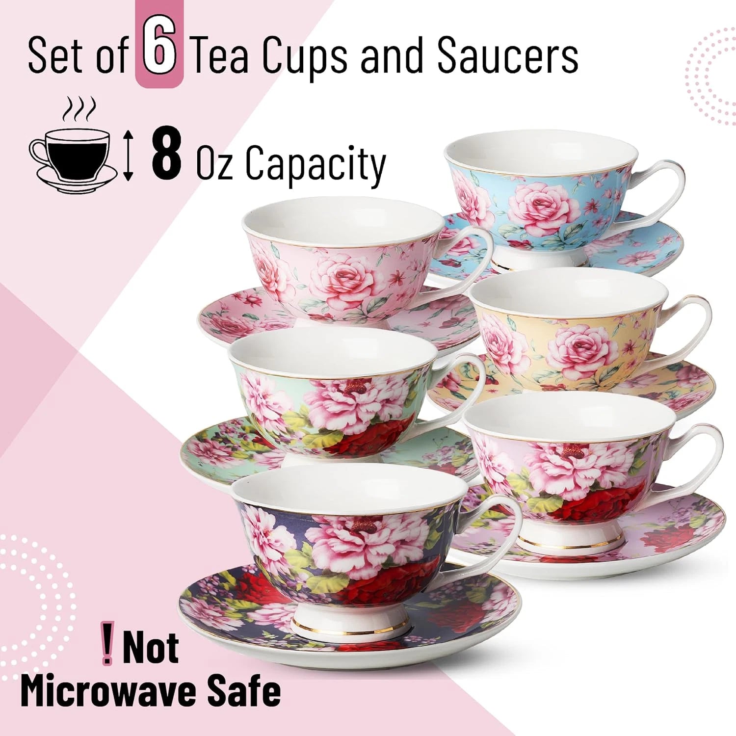 Btat- Tea Cups, Tea Cups and Saucers Set of 6, Tea Set, Floral Tea Cups (8Oz), T | eBay