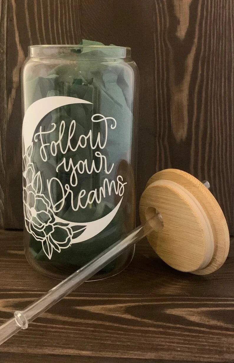 HMD Follow Your Dreams Floral Moon 16 oz Glass Can Tumbler w/Bamboo Lid & Straw. | eBay