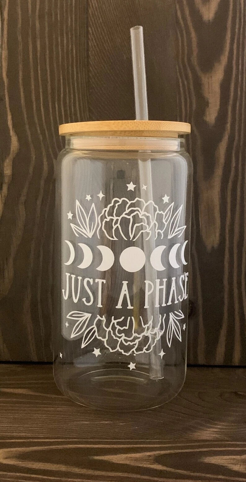 HMD Just a Phase 16 oz Glass Can Tumbler with Bamboo Lid and Straw. | eBay