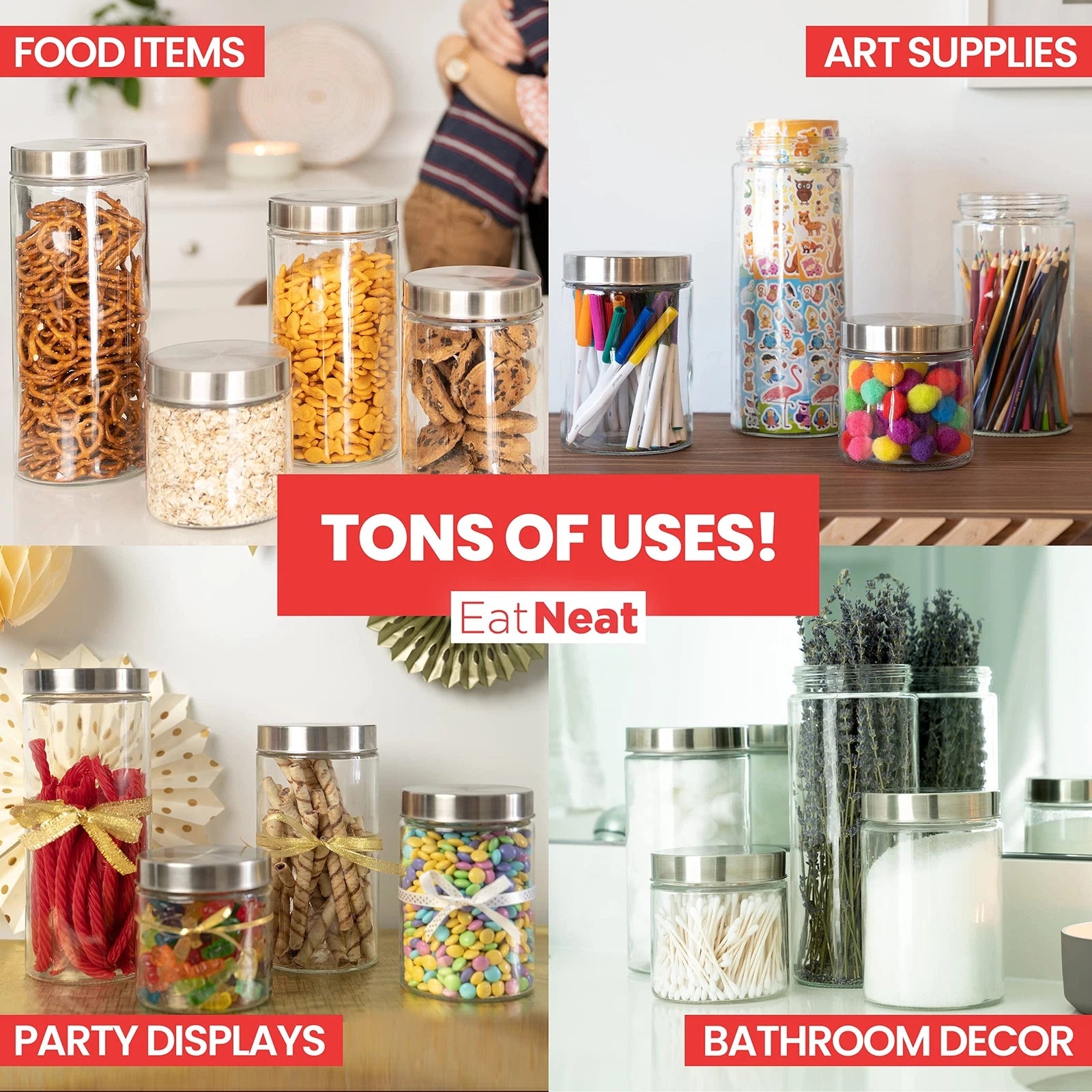 EatNeat Set of 4 Glass Canisters with Stainless Steel Lids - Sleek Airtight G... | eBay