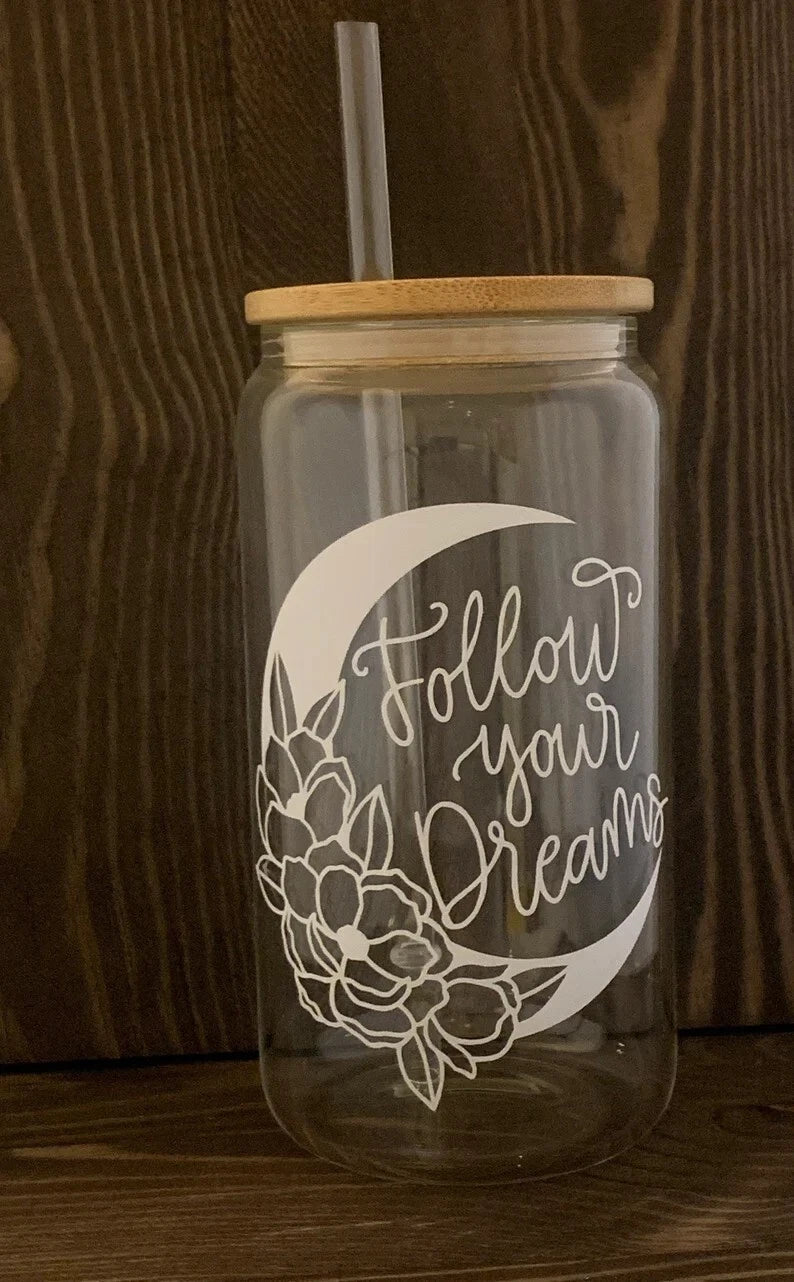 HMD Follow Your Dreams Floral Moon 16 oz Glass Can Tumbler w/Bamboo Lid & Straw. | eBay