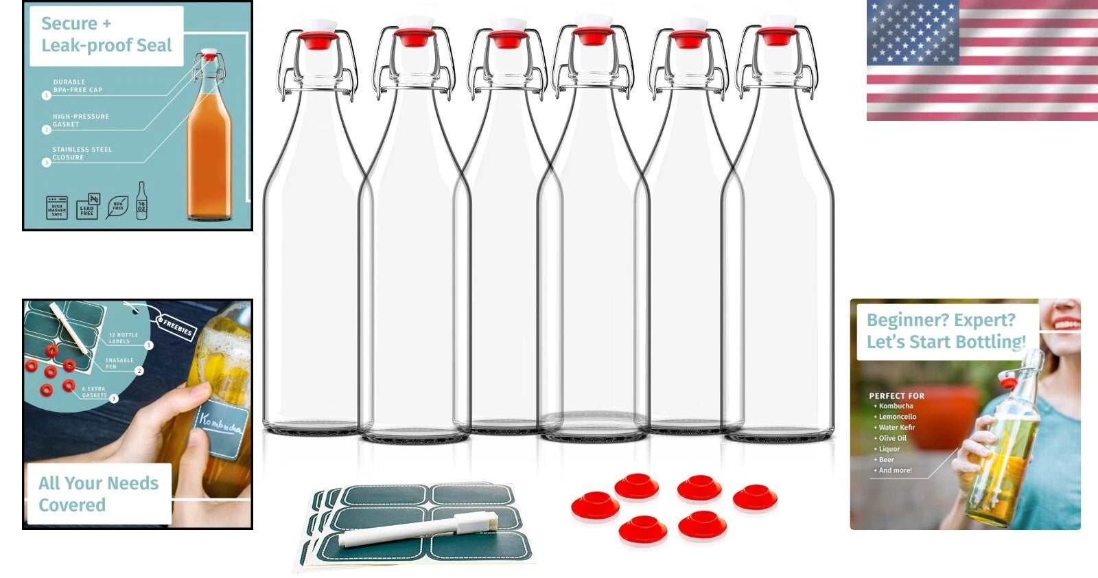 Elegant 16oz Clear Glass Bottles with Caps & Labels - Perfect for Home Brewing | eBay