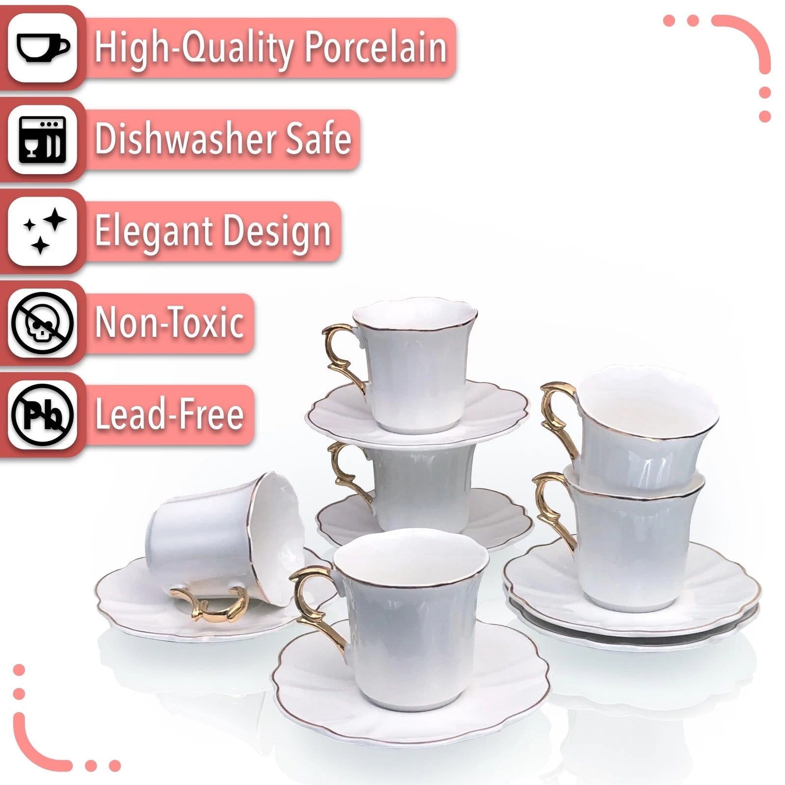 Brew To A Tea White Espresso Cups with Saucers, Set of 6 (2.4 oz), Porcelain ... | eBay