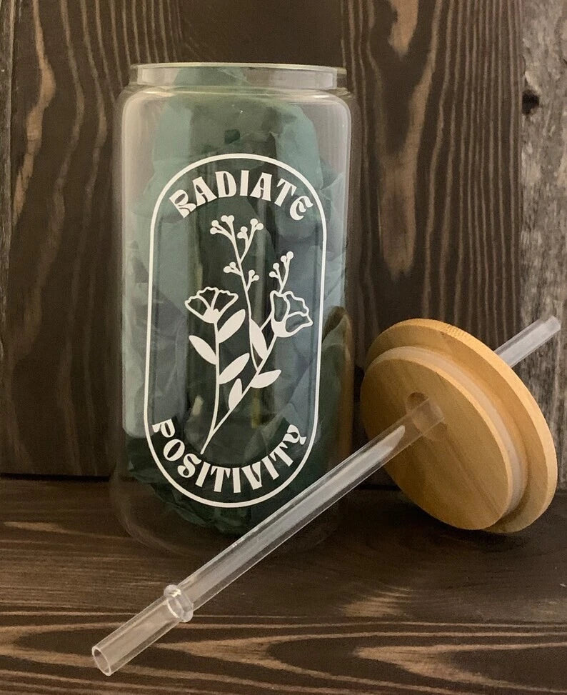 HMD Radiate Positivity 16 oz Glass Can Tumbler with Bamboo Lid and Straw. | eBay