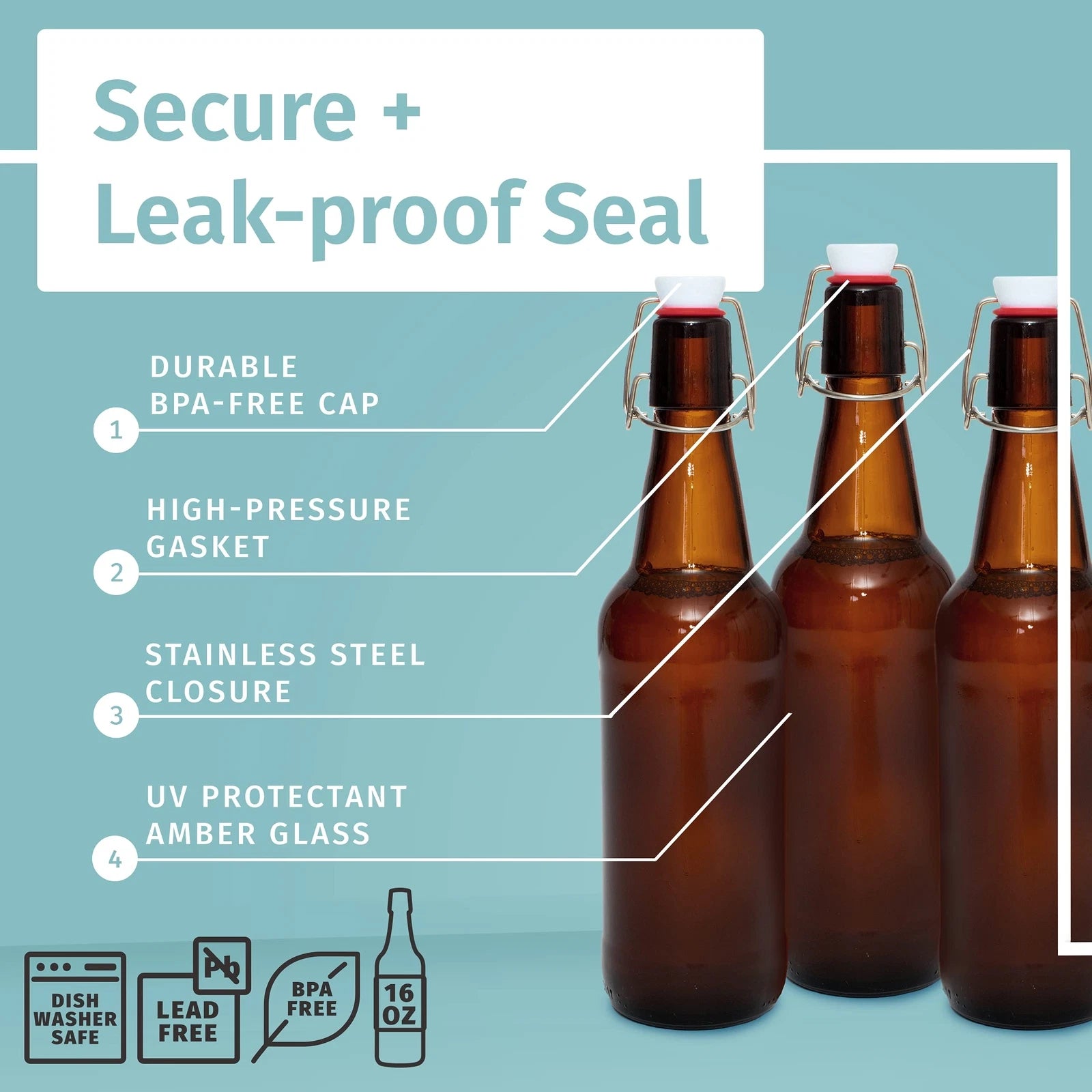 Swing Lid Glass Bottles 16 oz Amber, Set of 6, for Kombucha, Kefir, Beer Brewing | eBay