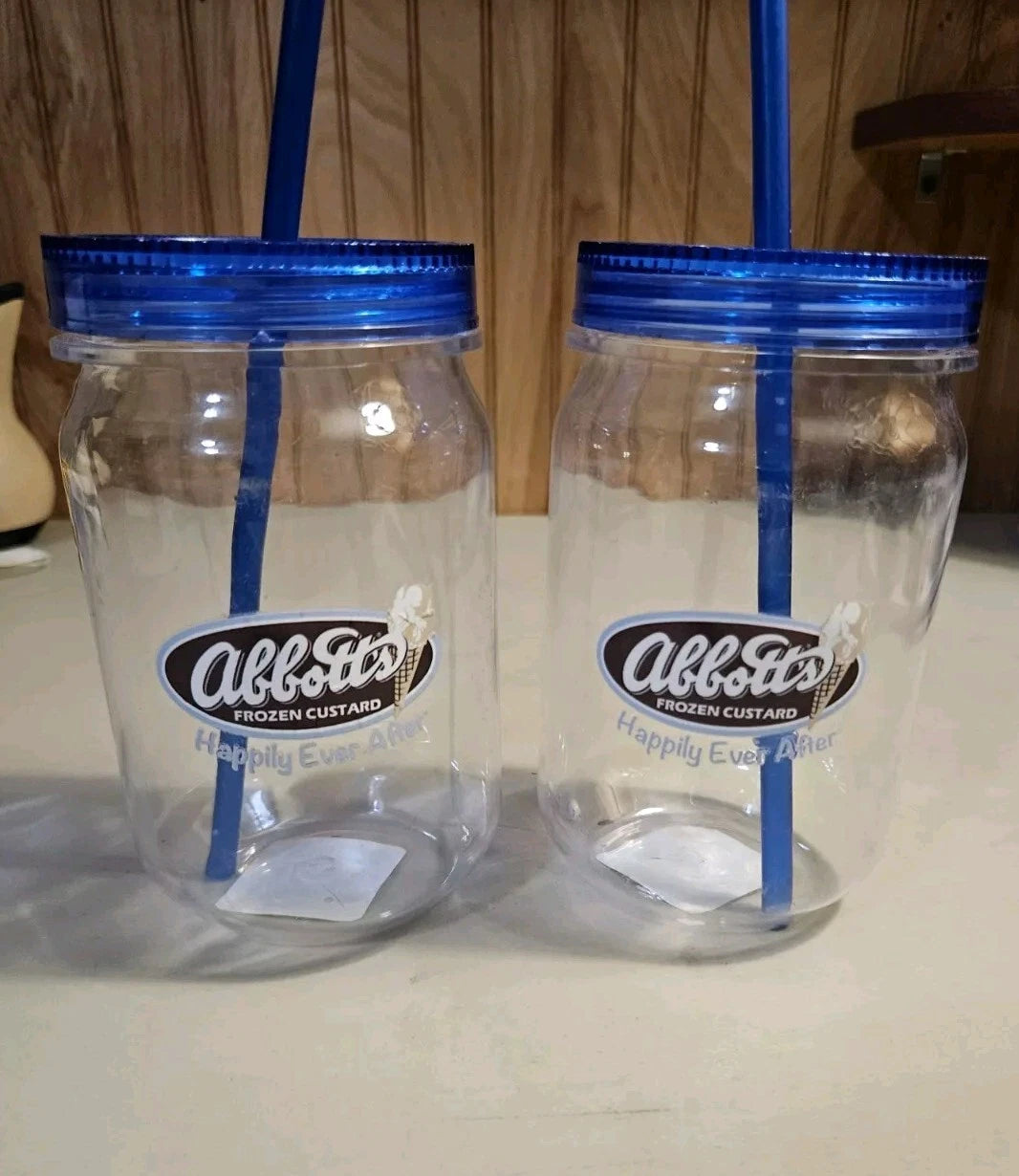 Set of 2 Abbotts Custard Drinking Cups with Straw/clear with blue top | eBay