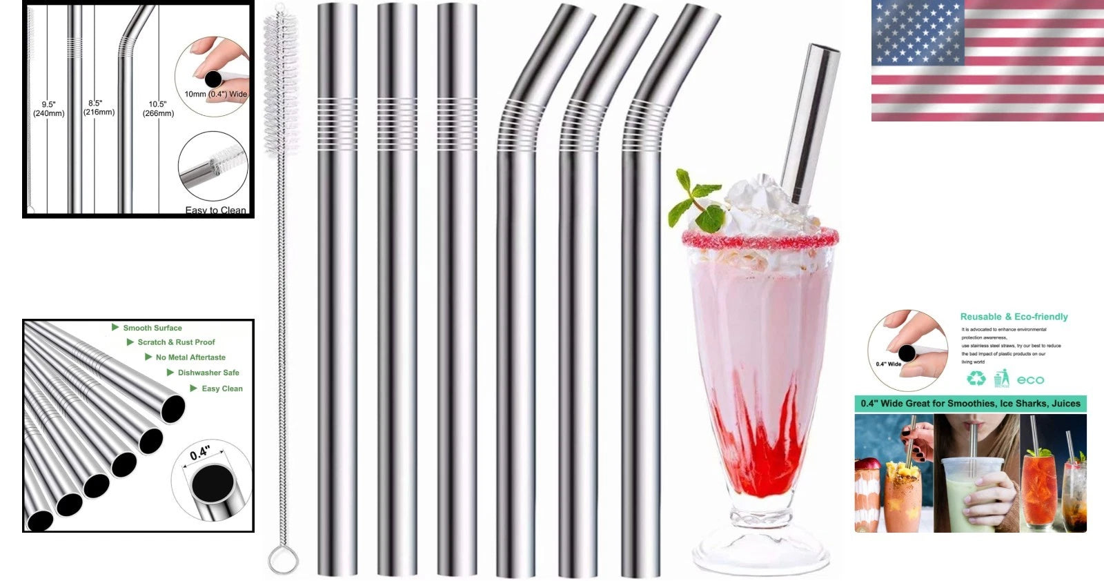 Durable 0.4'' Extra Wide Stainless Steel Drinking Straws - Set of 6 with Brush | eBay