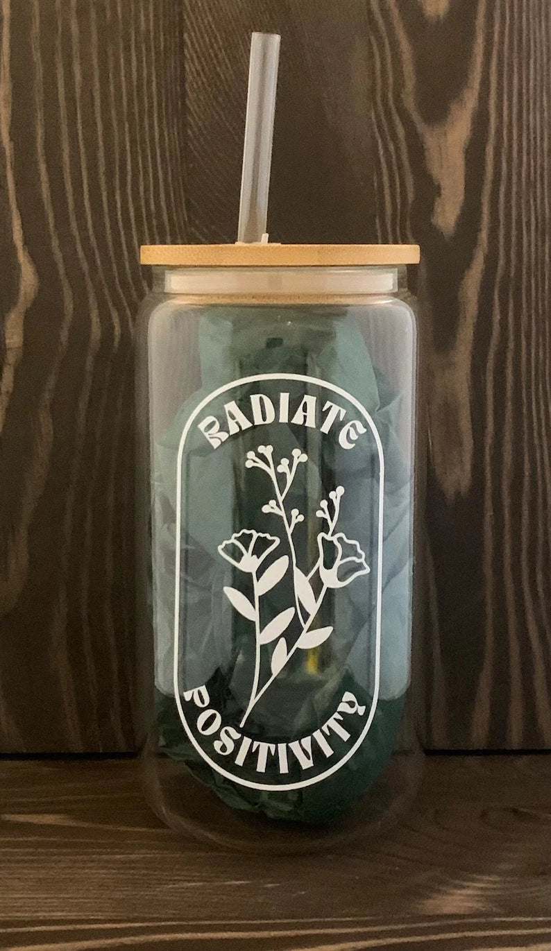 HMD Radiate Positivity 16 oz Glass Can Tumbler with Bamboo Lid and Straw. | eBay