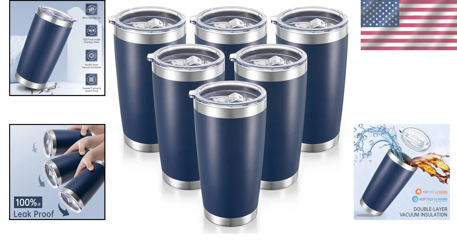 Fashionable 20 oz Vacuum Insulated Tumblers with Lid - Navy 6 Pack for Travel | eBay