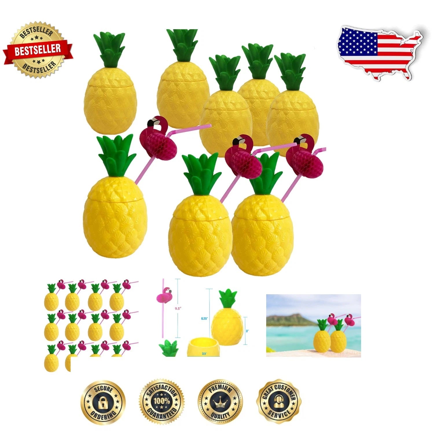 12-Pack Yellow Pineapple Cups with Flamingo Straws - Ideal for Tropical Parties | eBay