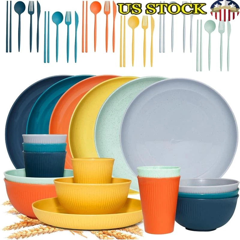 42Pcs Wheat Straw Dinnerware Set Eco Friendly Unbreakable Plates Bowls BPA Free | eBay