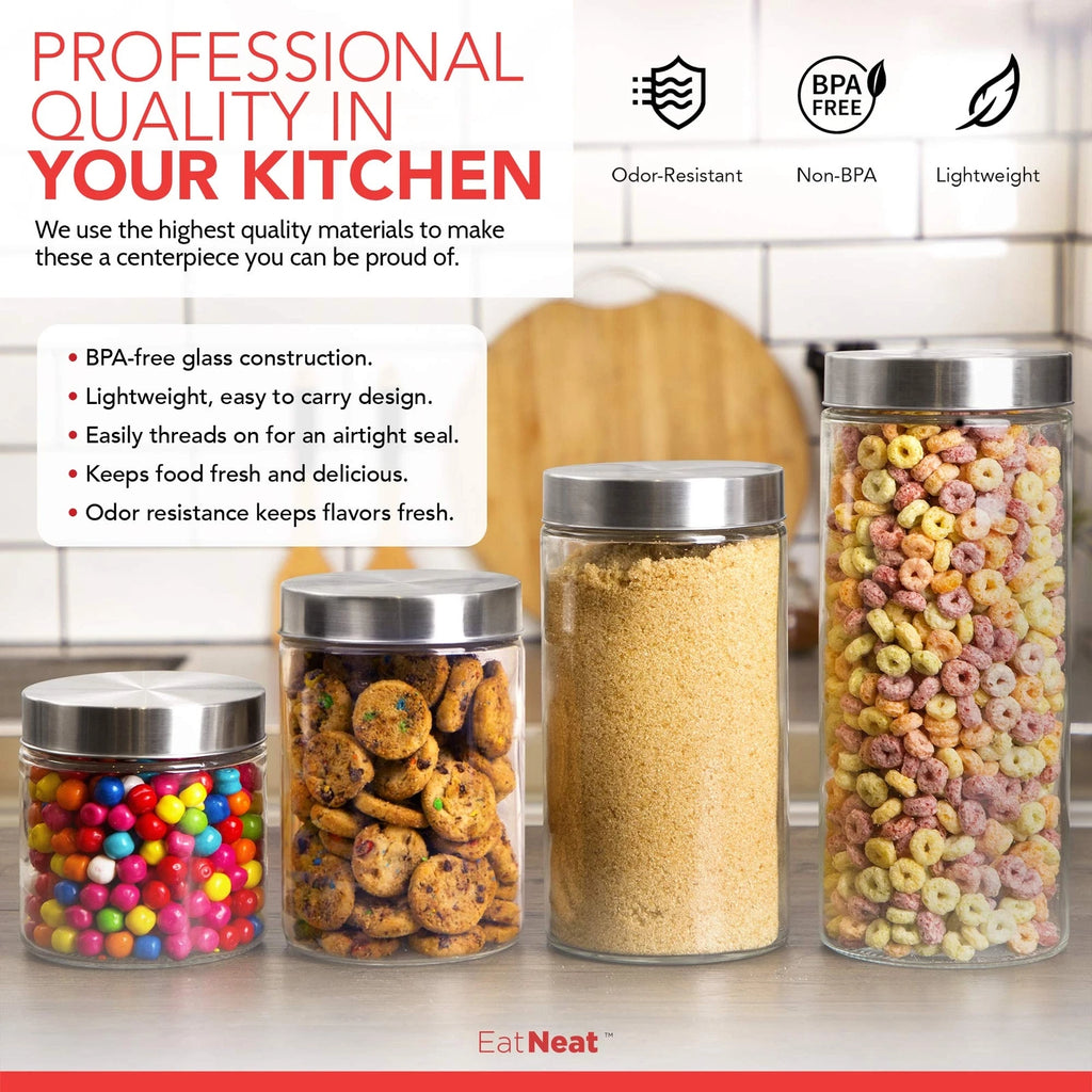 EatNeat Set of 4 Glass Canisters with Stainless Steel Lids - Sleek Airtight G... | eBay