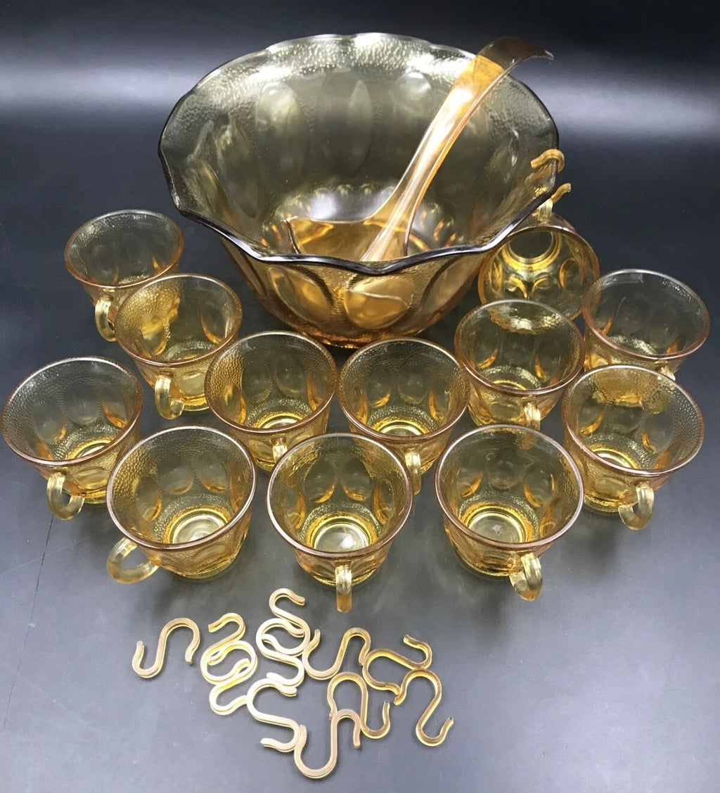 VTG 1960s Indiana Amber Glass Punch Bowl w/ 12 Cups 12 Hooks & Ladle | eBay
