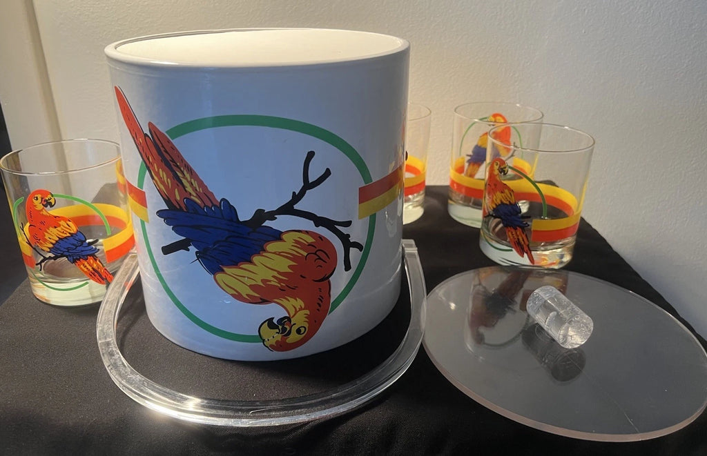 Vintage Macaw Parrot Tropical Ice Bucket w Lid and 6 Glasses•Retro Barware | eBay