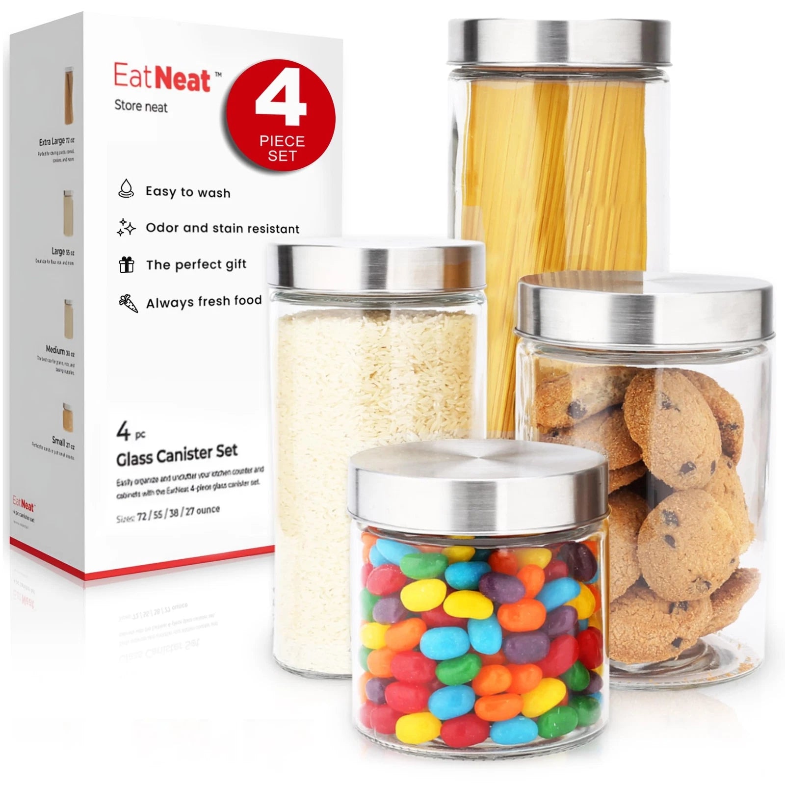 Set of 4 Glass Canisters with Stainless Steel Lids - Sleek Airtight Storage | eBay