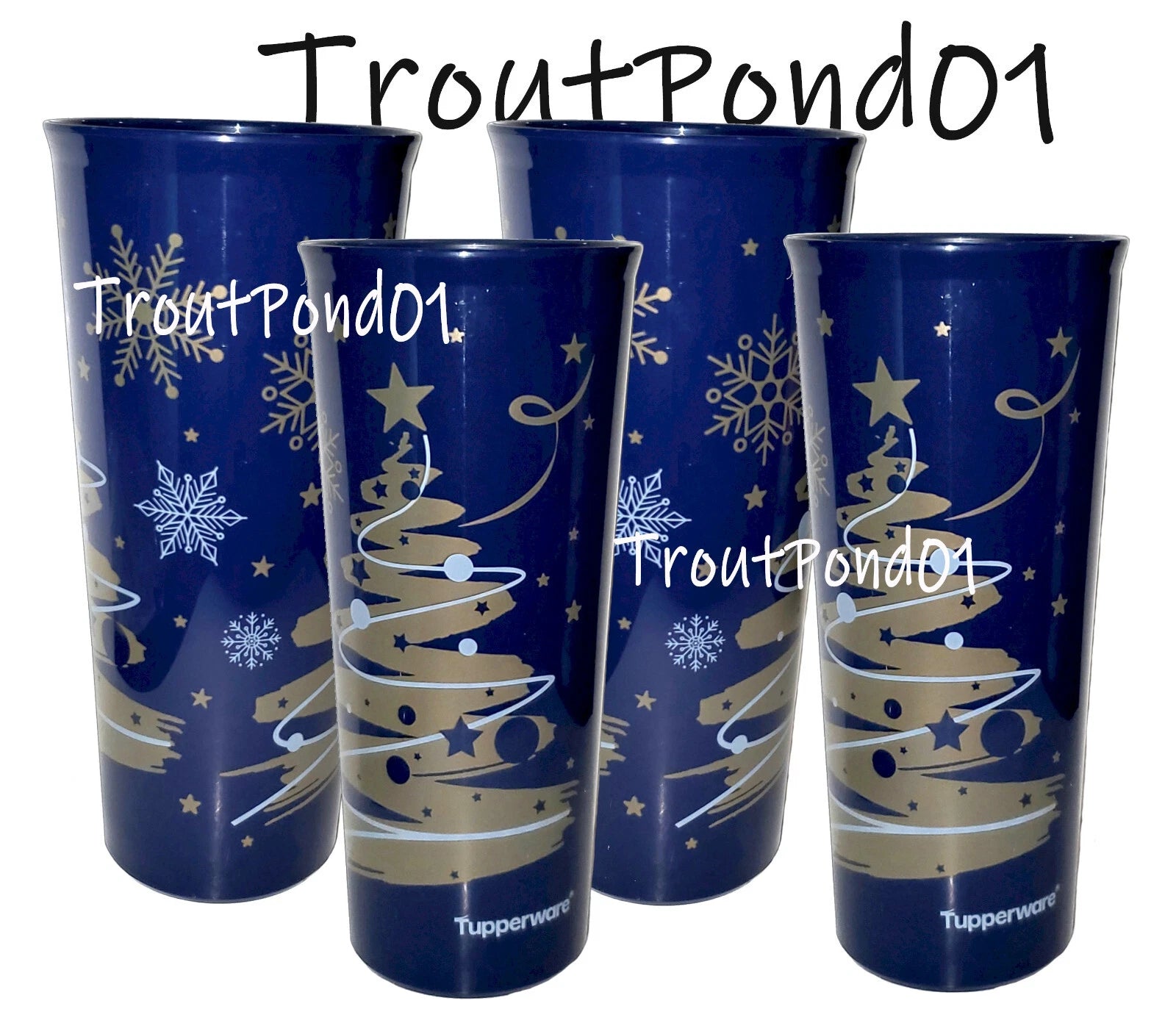 Tupperware Christmas Tree Starry Night Blue Gold Tumblers Straight Stacking 16oz | eBay