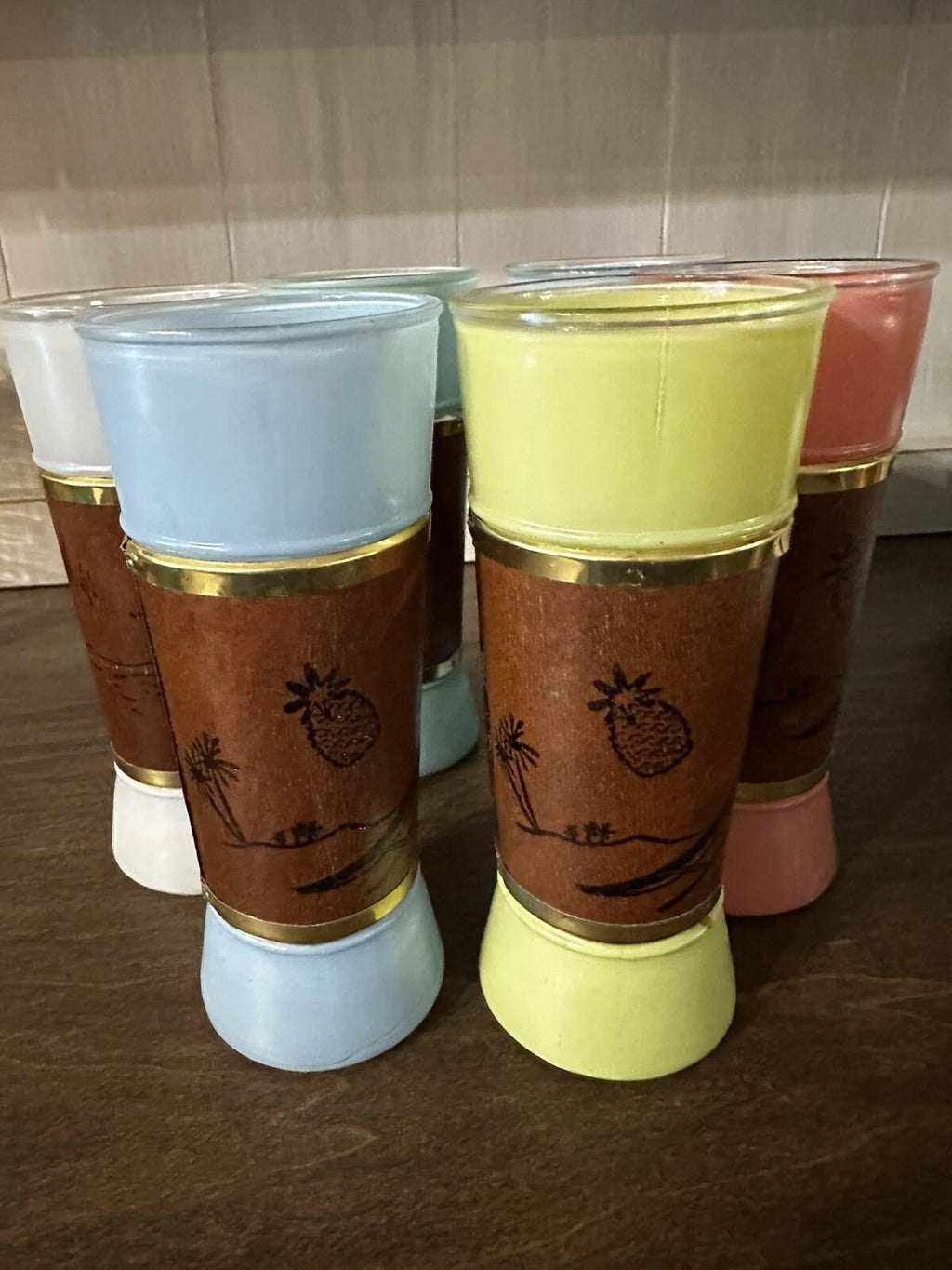 Vintage 1960s Siesta Ware Frosted Tiki Glasses Mahogany Wooden Jacket Set of 6 | eBay