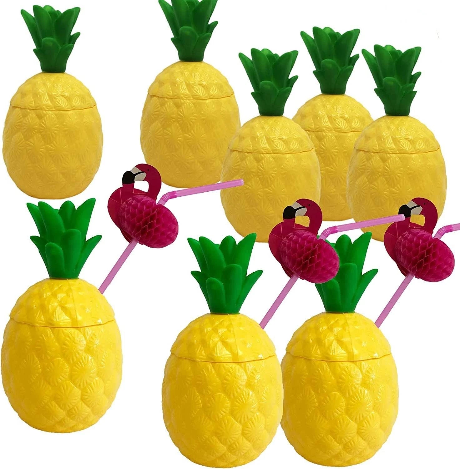 12-Pack Yellow Pineapple Cups with Flamingo Straws - Ideal for Tropical Parties | eBay