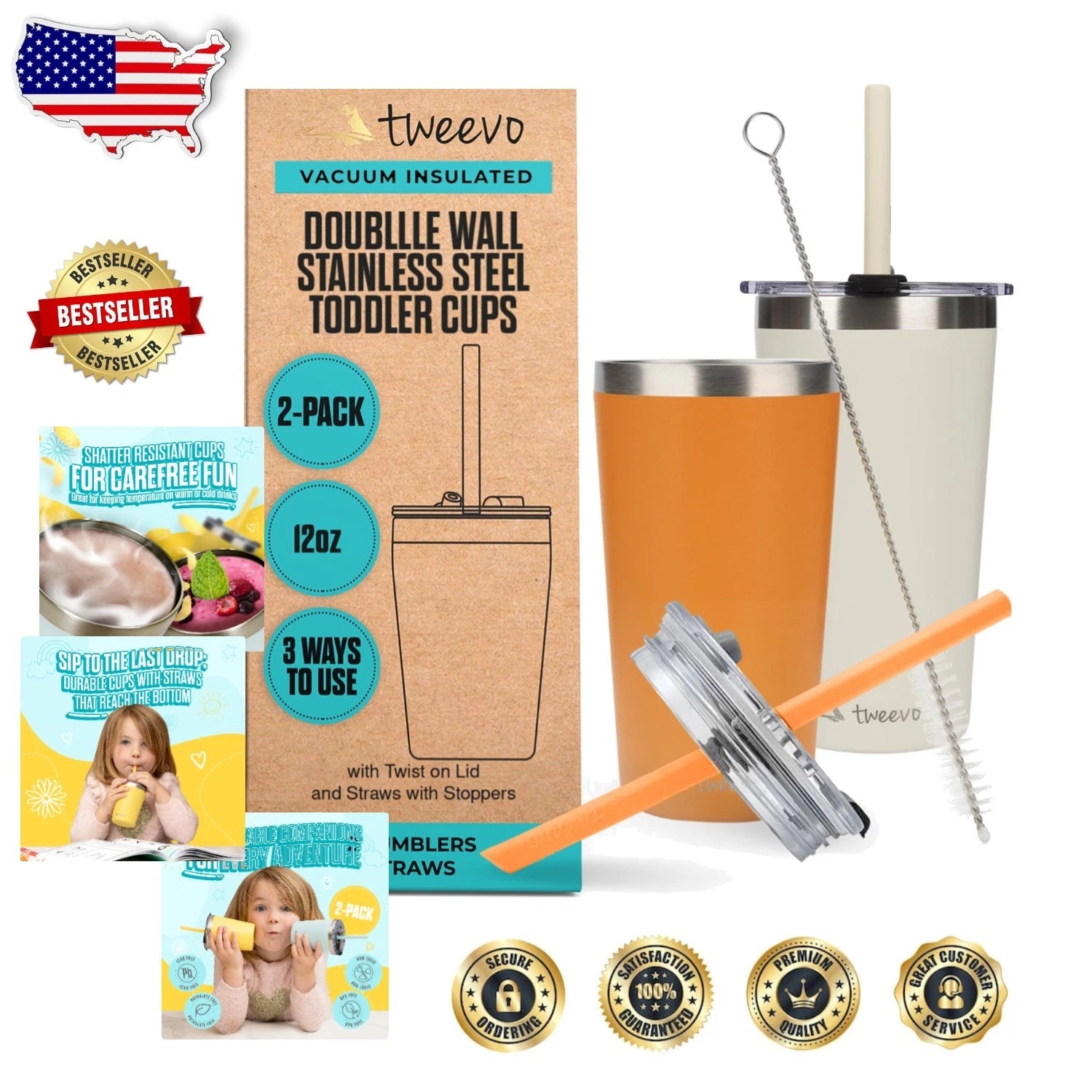 12oz Kids Stainless Steel Tumblers - Break-Resistant Set with Straws (2 Pack) | eBay