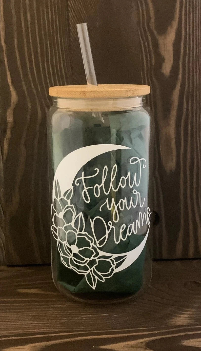 HMD Follow Your Dreams Floral Moon 16 oz Glass Can Tumbler w/Bamboo Lid & Straw. | eBay