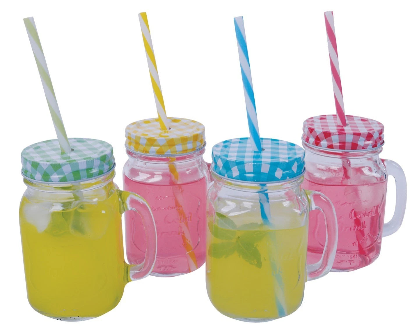 x 4 Pack 455ml Mason Jar Handle Straw Caddy Drinking Glass Jar Check Lid Hipster | eBay