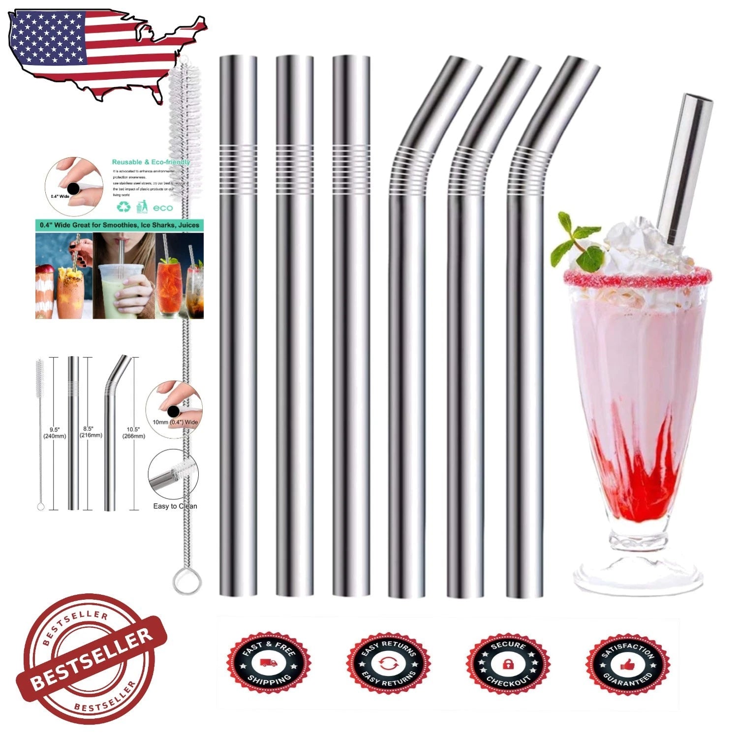 Durable 0.4'' Extra Wide Stainless Steel Drinking Straws - Set of 6 with Brush | eBay