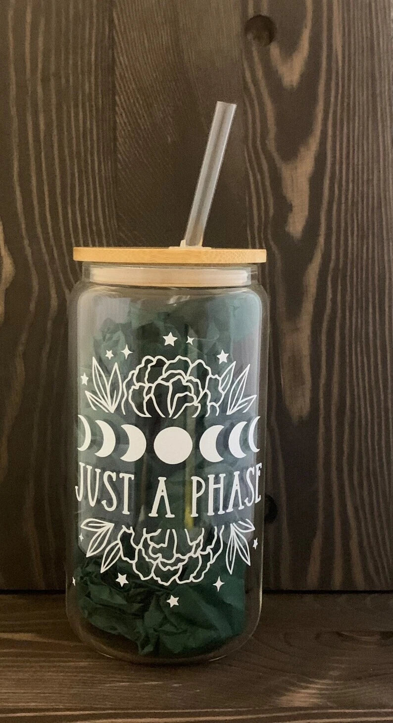 HMD Just a Phase 16 oz Glass Can Tumbler with Bamboo Lid and Straw. | eBay