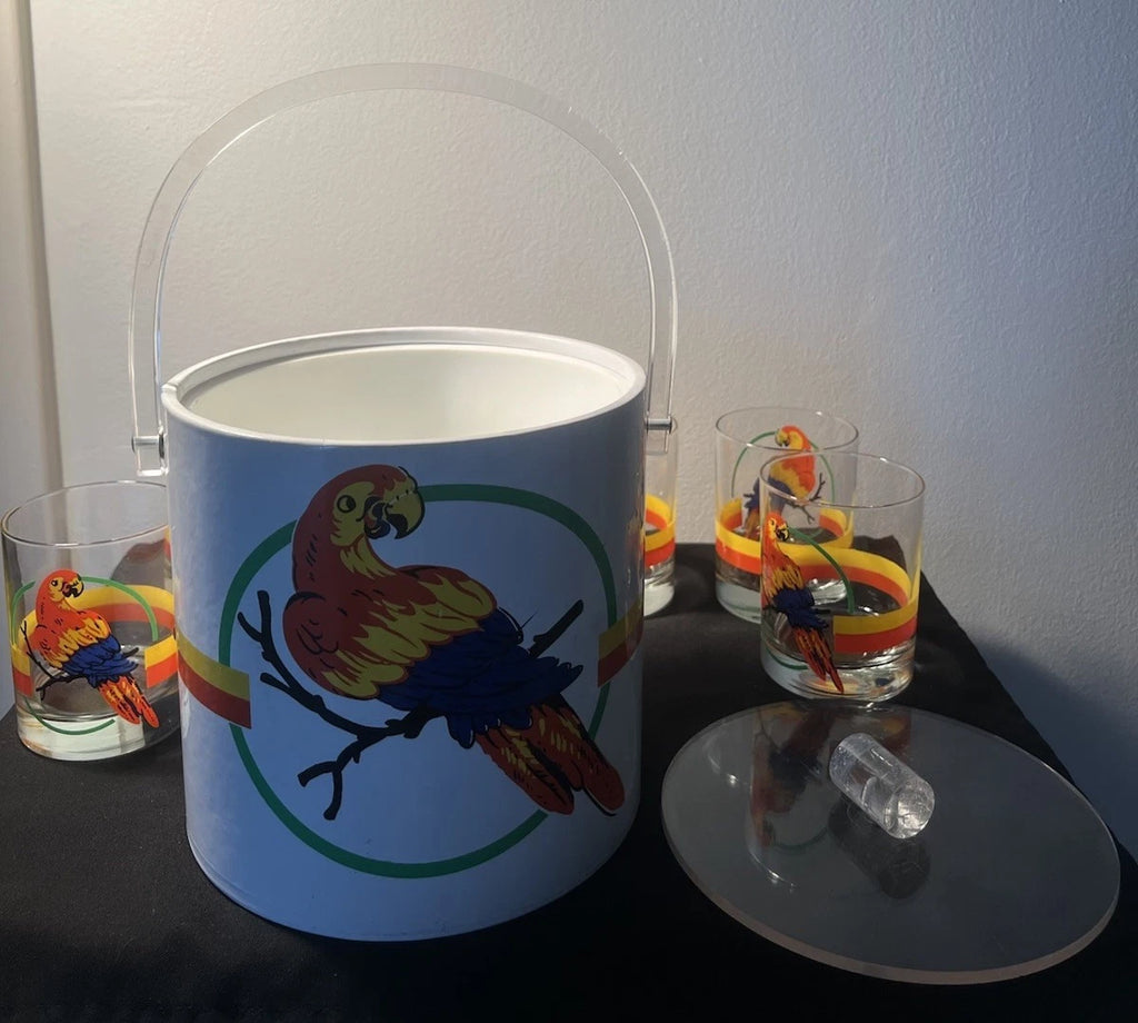 Vintage Macaw Parrot Tropical Ice Bucket w Lid and 6 Glasses•Retro Barware | eBay