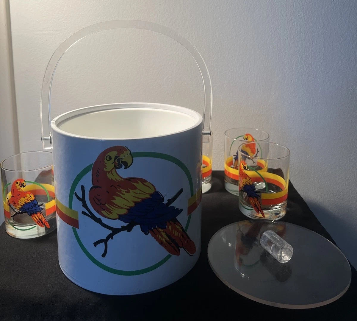 Vintage Macaw Parrot Tropical Ice Bucket w Lid and 6 Glasses•Retro Barware | eBay