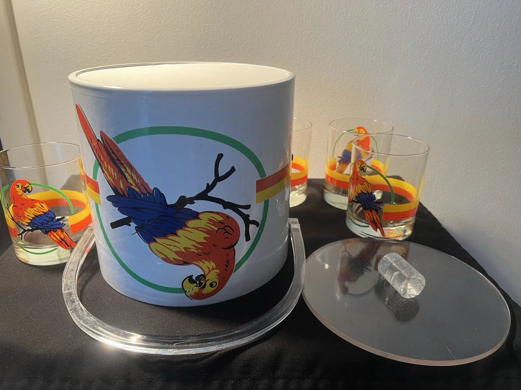 Vintage Macaw Parrot Tropical Ice Bucket w Lid and 6 Glasses•Retro Barware | eBay