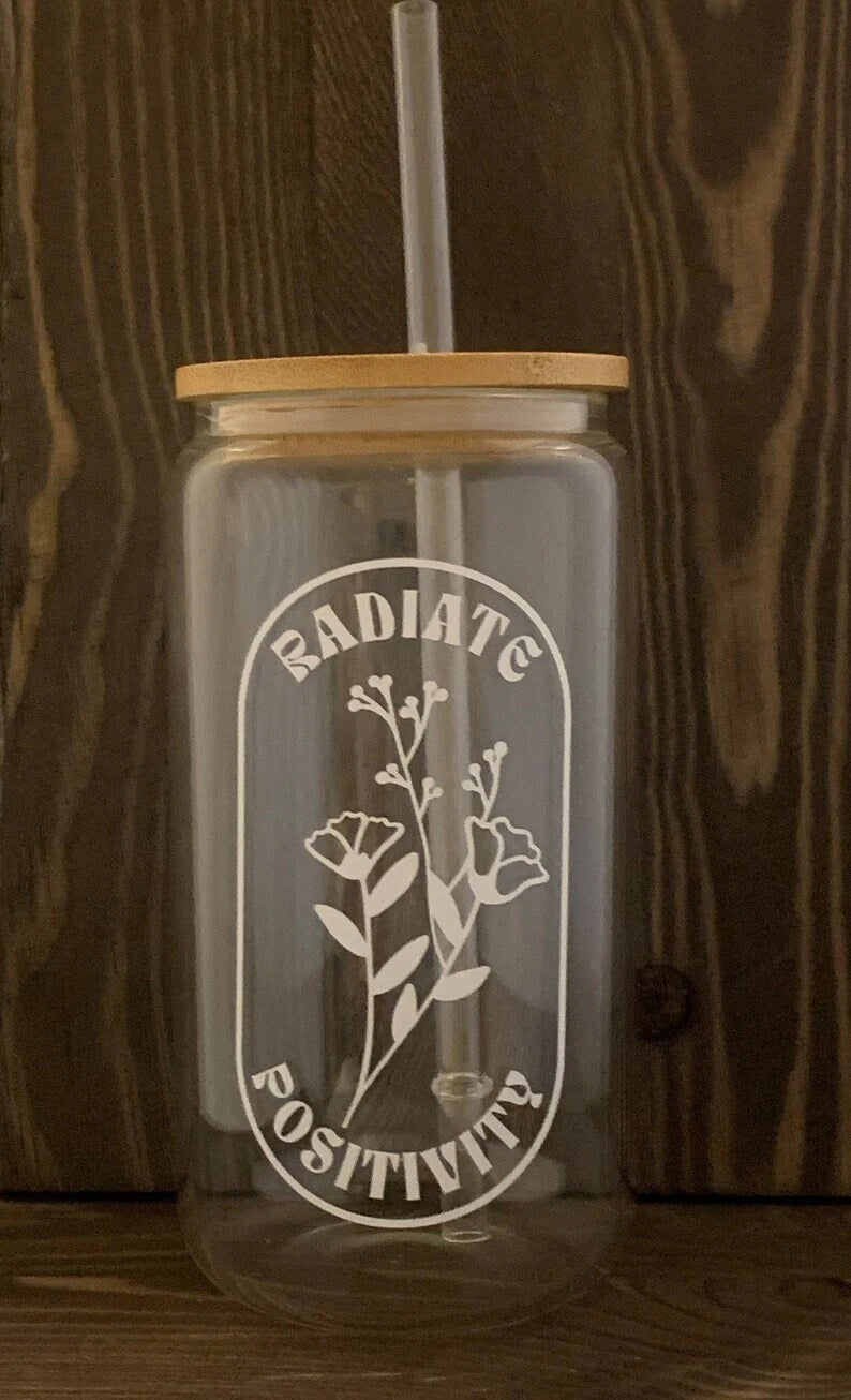 HMD Radiate Positivity 16 oz Glass Can Tumbler with Bamboo Lid and Straw. | eBay