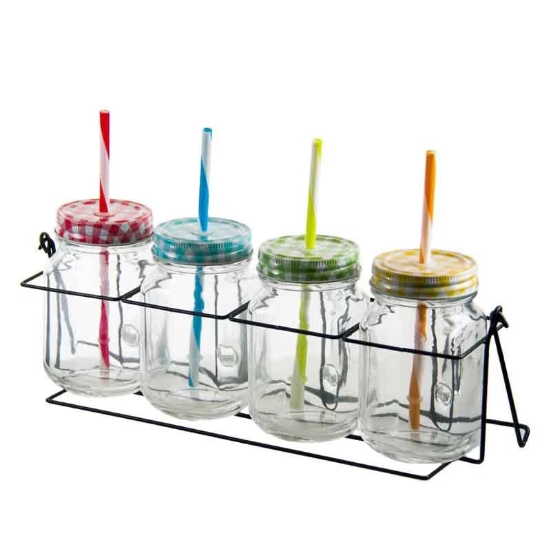 x 4 Pack 455ml Mason Jar Handle Straw Caddy Drinking Glass Jar Check Lid Hipster | eBay