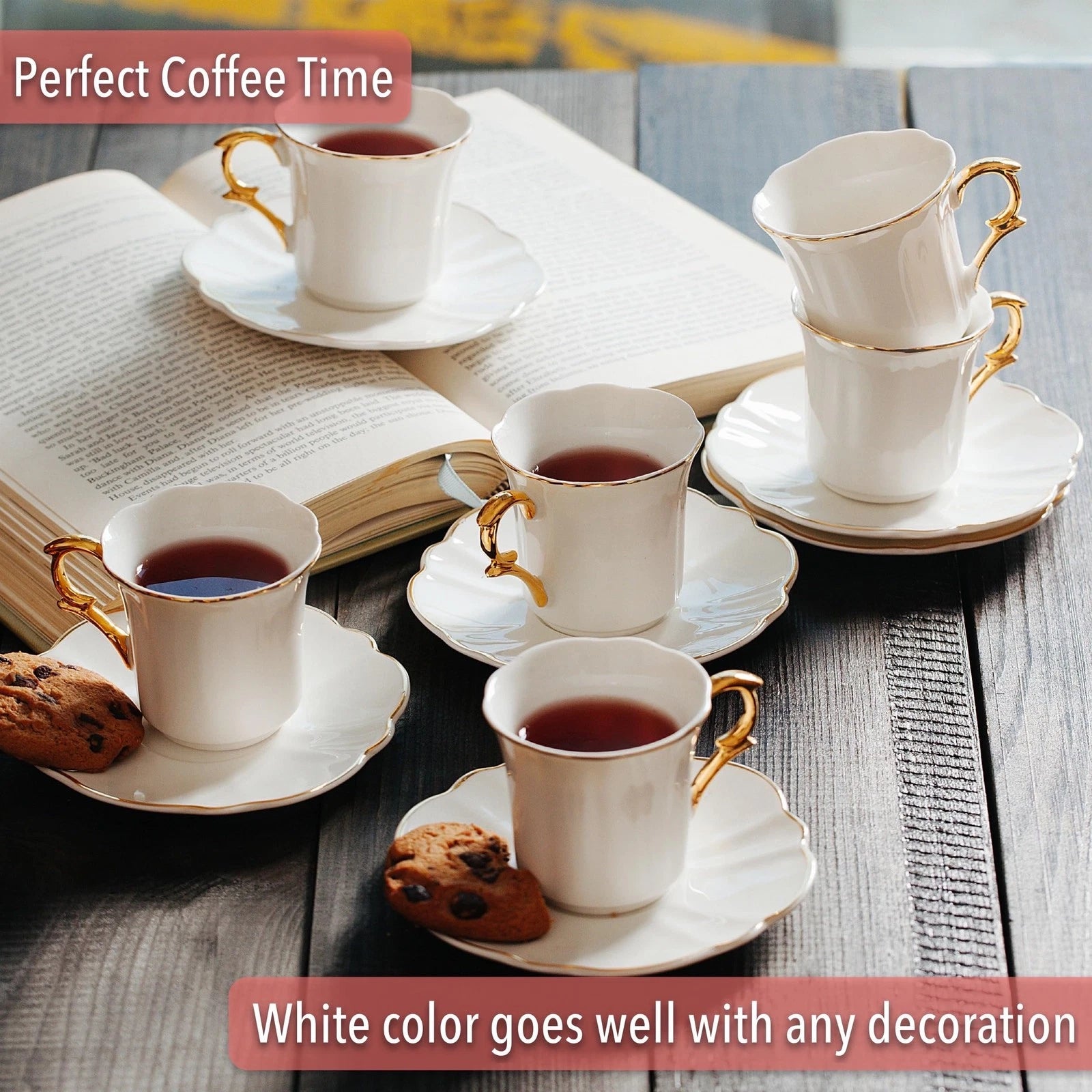 Brew To A Tea White Espresso Cups with Saucers, Set of 6 (2.4 oz), Porcelain ... | eBay