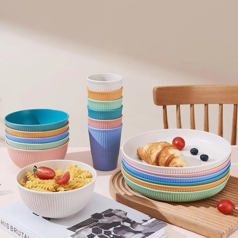18Pcs Unbreakable Wheat Straw Dinnerware Set Reusable Kitchen Plates Cups Bowls | eBay