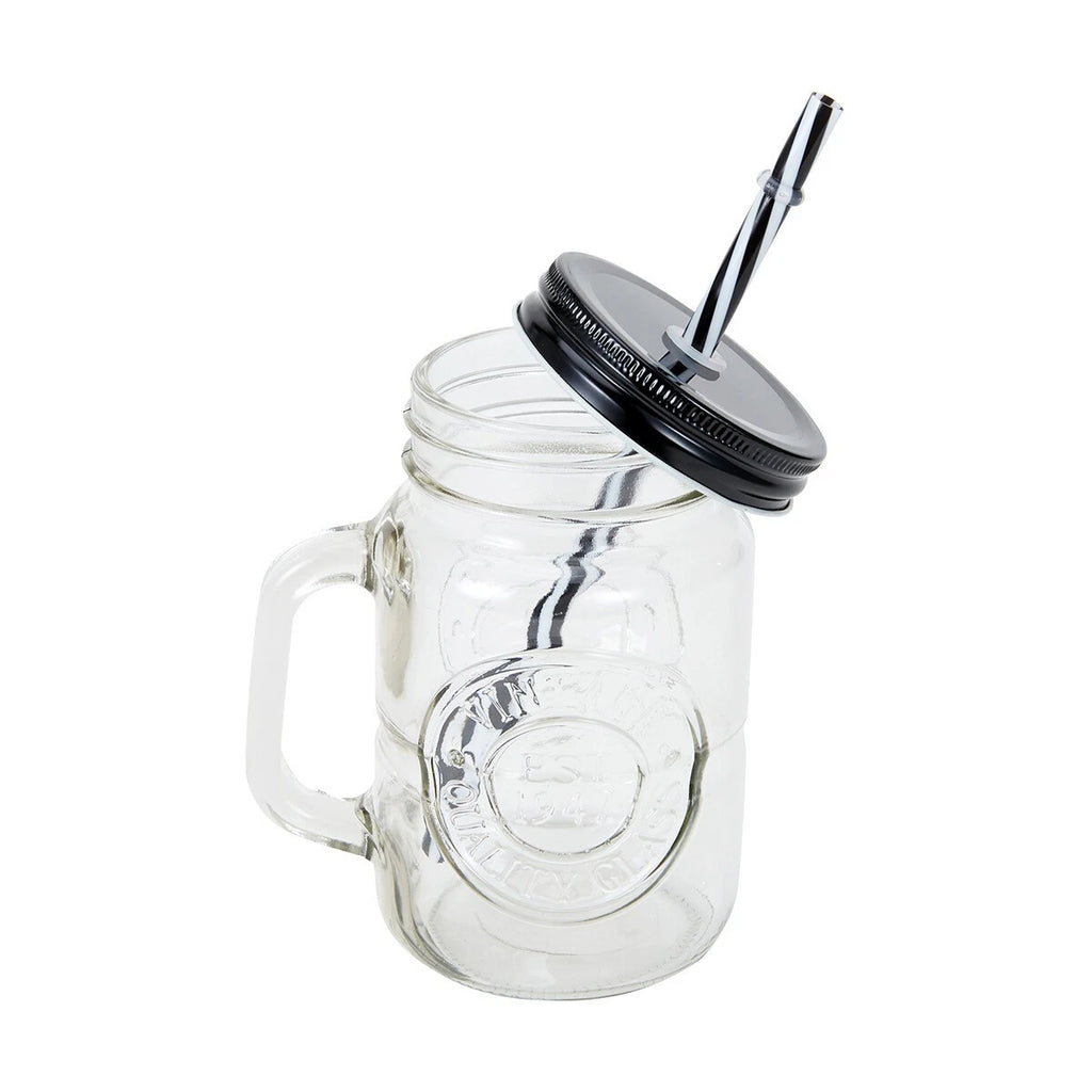 x 4 Pack 455ml Mason Jar Handle Straw Caddy Drinking Glass Jar Check Lid Hipster | eBay