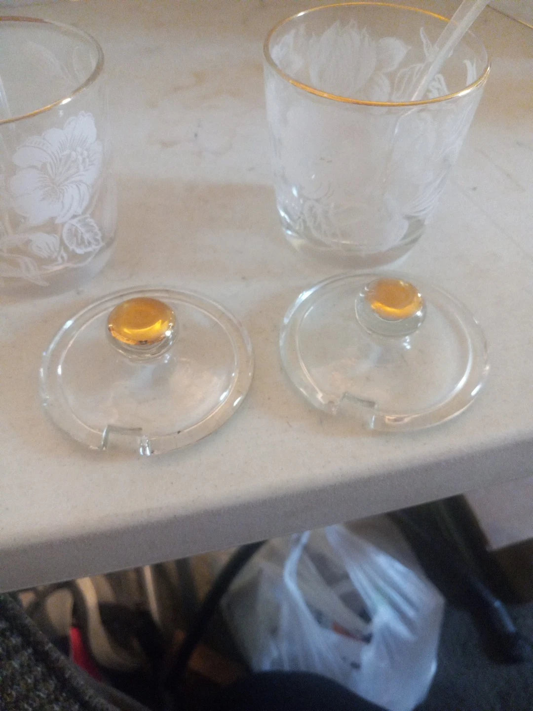 Vtg. Jelly Jar With Lid & Plastic Spoon Clear Glass Floral In Gold Trim Set Of 2 | eBay