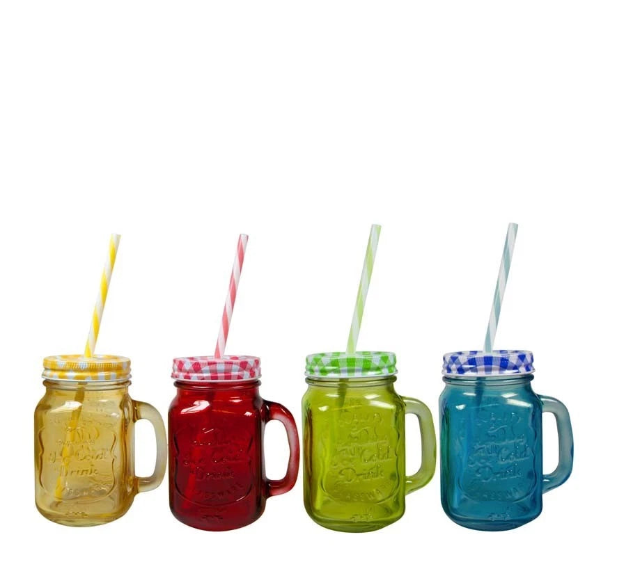 x 4 Pack 455ml Mason Jar Handle Straw Caddy Drinking Glass Jar Check Lid Hipster | eBay