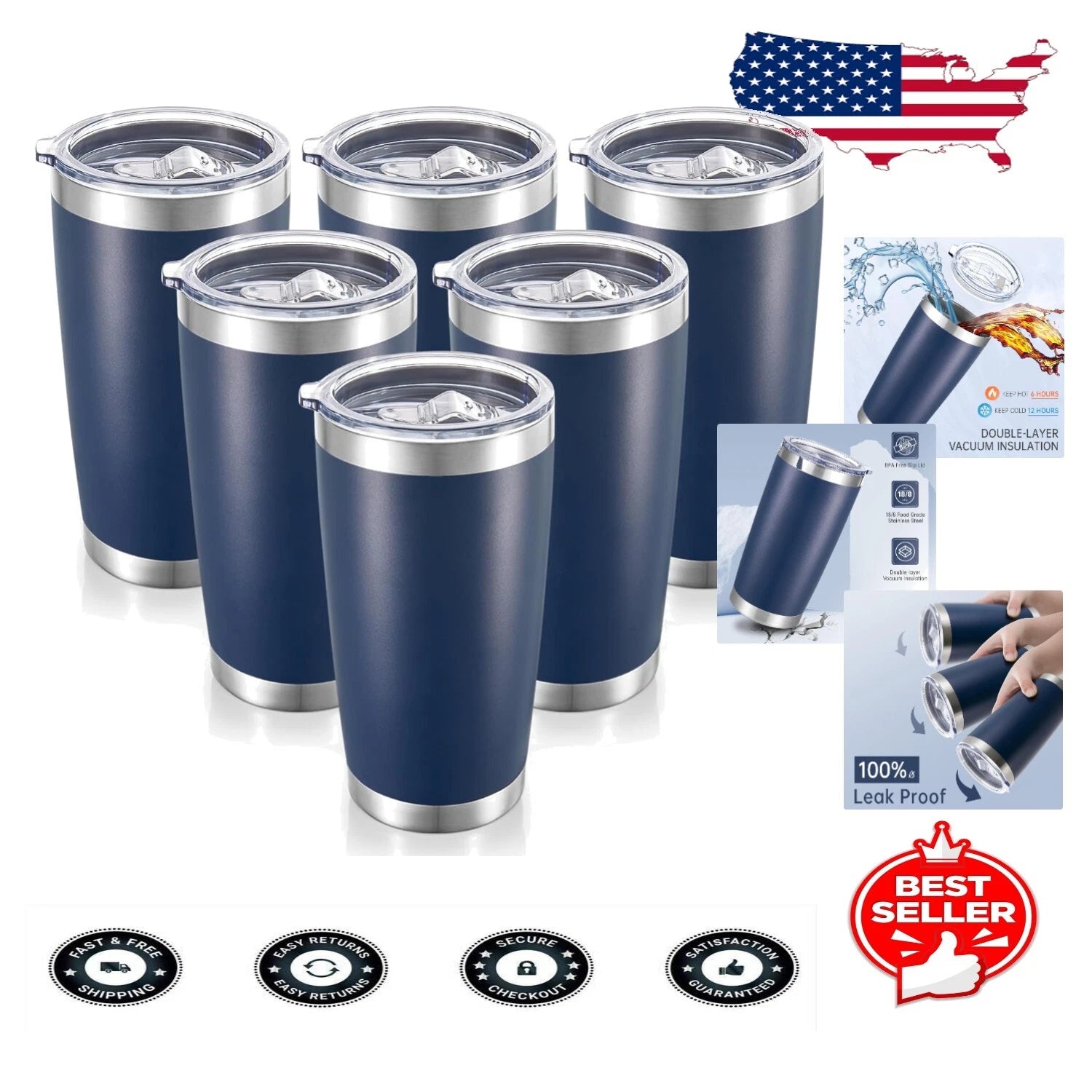 Fashionable 20 oz Vacuum Insulated Tumblers with Lid - Navy 6 Pack for Travel | eBay
