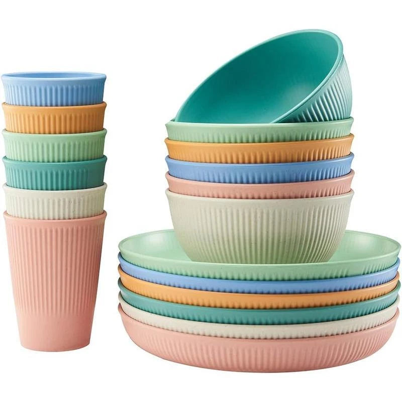 18Pcs Unbreakable Wheat Straw Dinnerware Set Reusable Kitchen Plates Cups Bowls | eBay