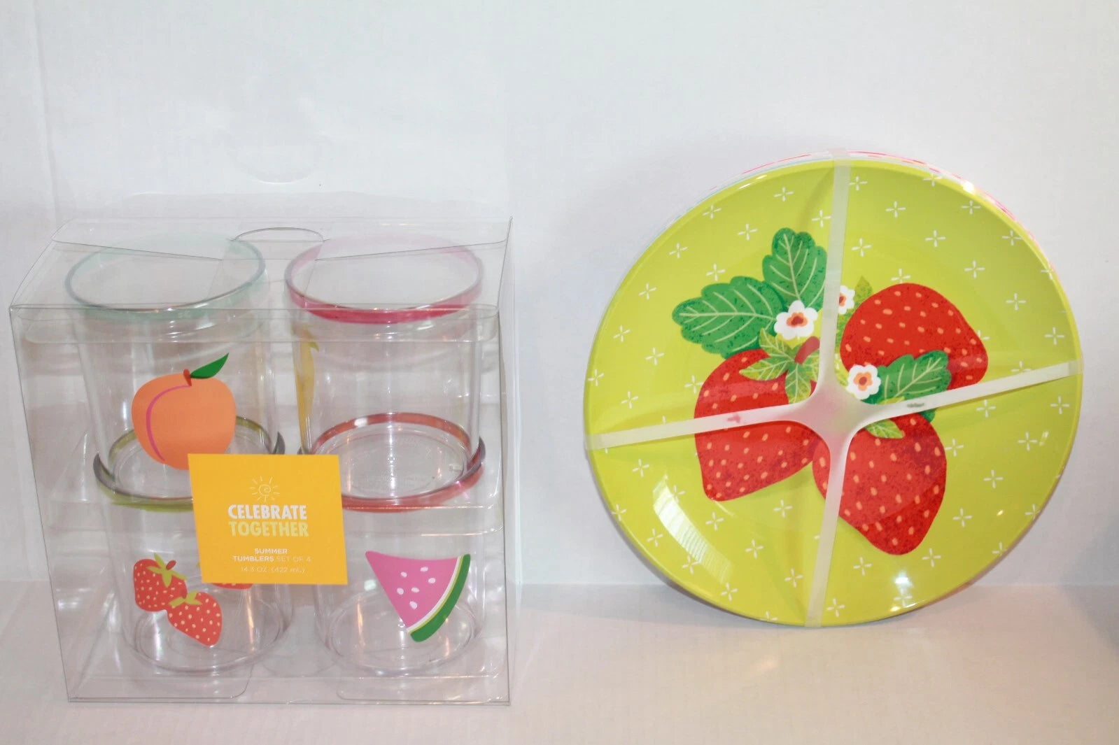 Set of 4 Melamine Celebrate Summer Fruit Plates & Acrylic Glasses Set Dishes NEW | eBay