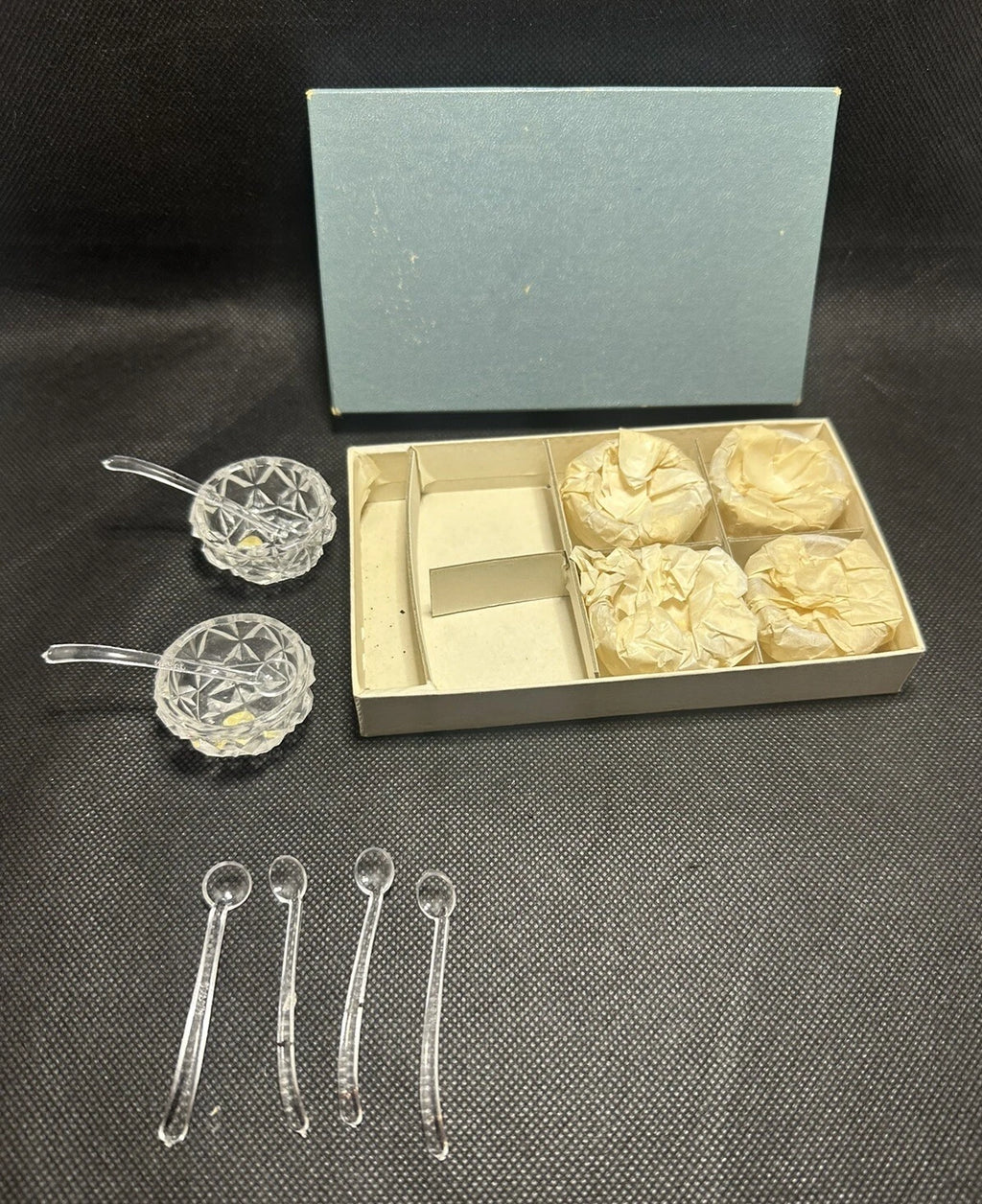 VTG Set of 6 Clear Cut Crystal Glass Salt Cellars 6 Plastic Spoons w Box- Japan | eBay