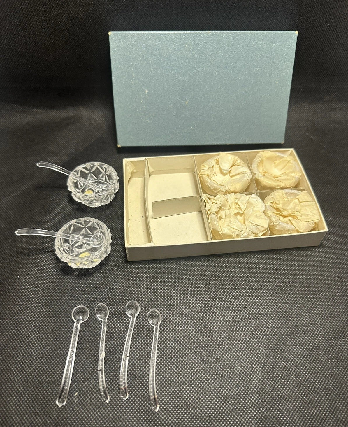 VTG Set of 6 Clear Cut Crystal Glass Salt Cellars 6 Plastic Spoons w Box- Japan | eBay