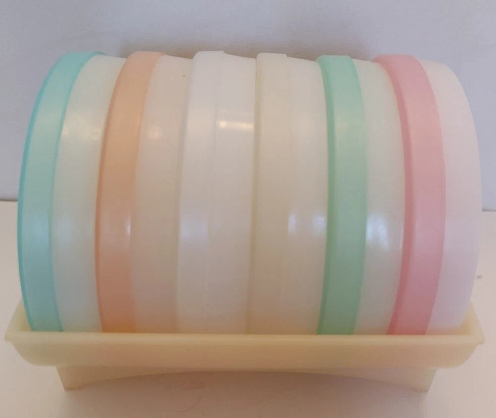 Vtg. 3" Tupperware Pastel Wagon Wheel Coaster Set & Carrier 567 W/ Bon Key Chain | eBay