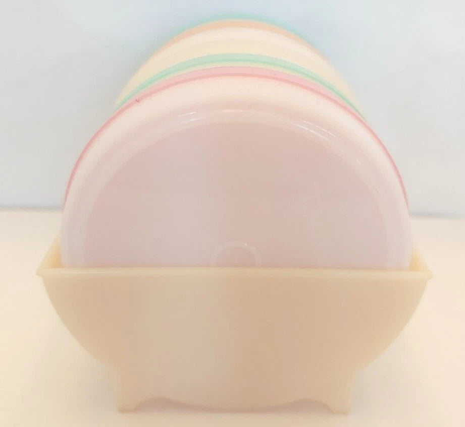 Vtg. 3" Tupperware Pastel Wagon Wheel Coaster Set & Carrier 567 W/ Bon Key Chain | eBay