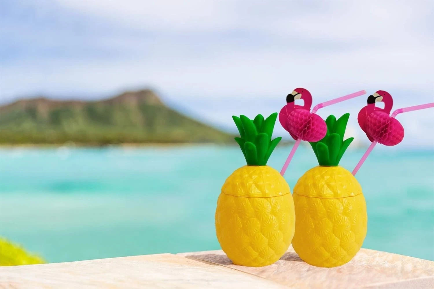 12-Pack Yellow Pineapple Cups with Flamingo Straws - Ideal for Tropical Parties | eBay